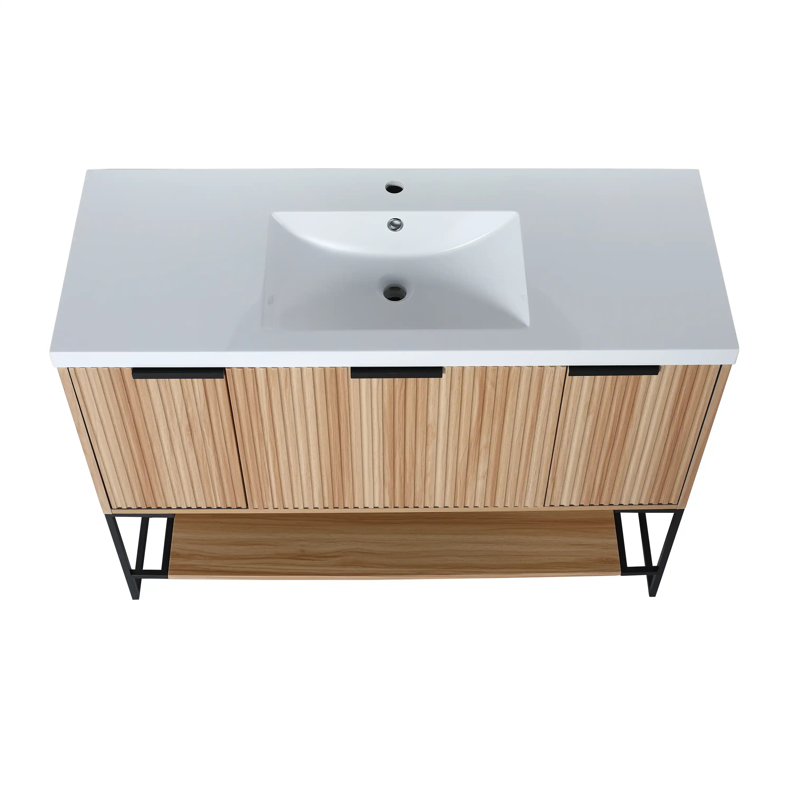 48-inch maple bathroom vanity top view with integrated sink and wide countertop space.