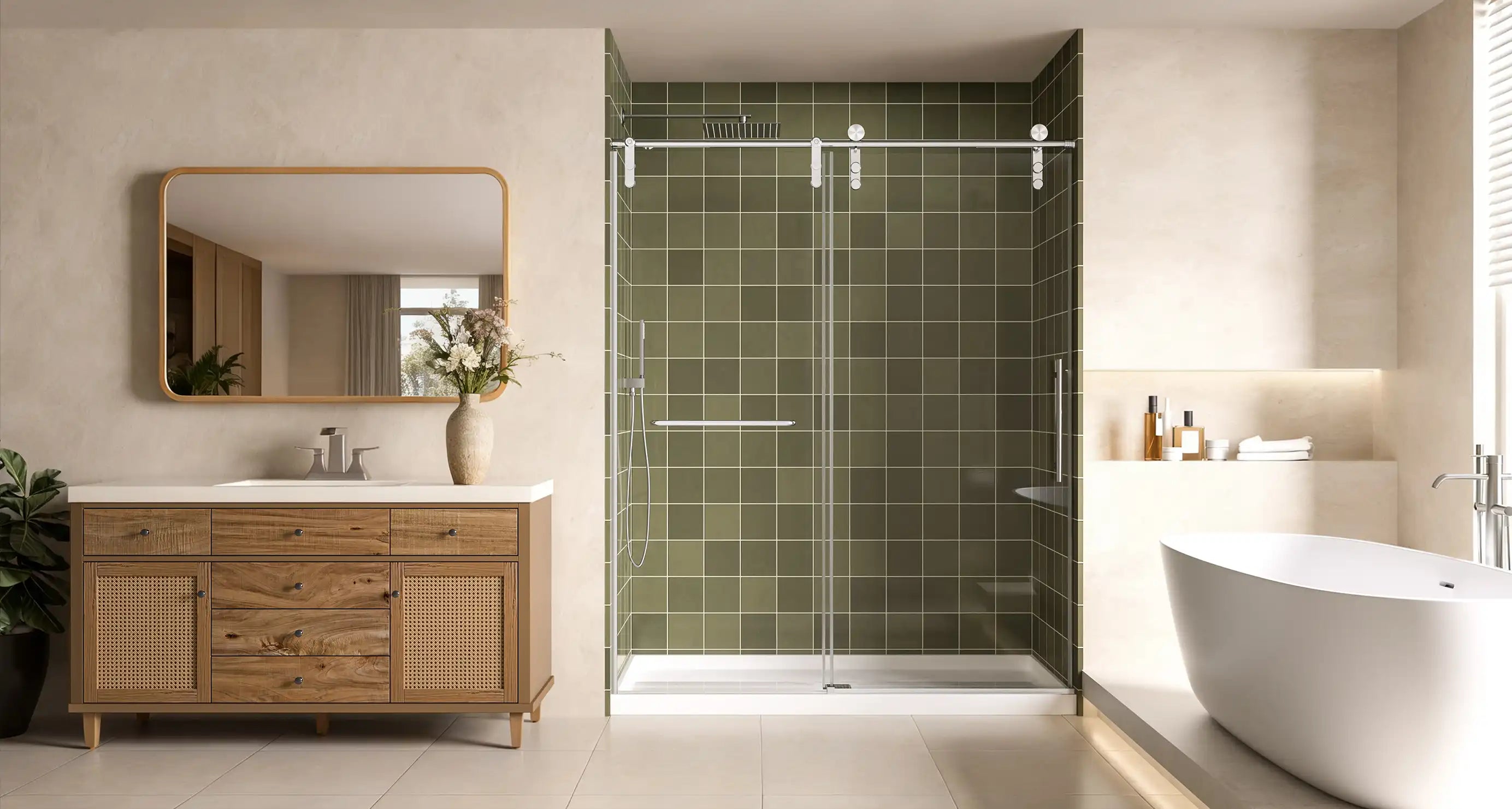 Modern bathroom with glass-enclosed dark green tile shower, wooden vanity with bathroom plants, freestanding tub, and oval mirror. Serene, natural design.