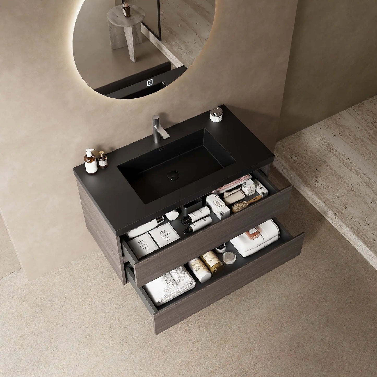 30" x 20" x 22" Modern Wall-Mounted Bathroom Vanity with Sink & Storage color: Black + Dark Walnut