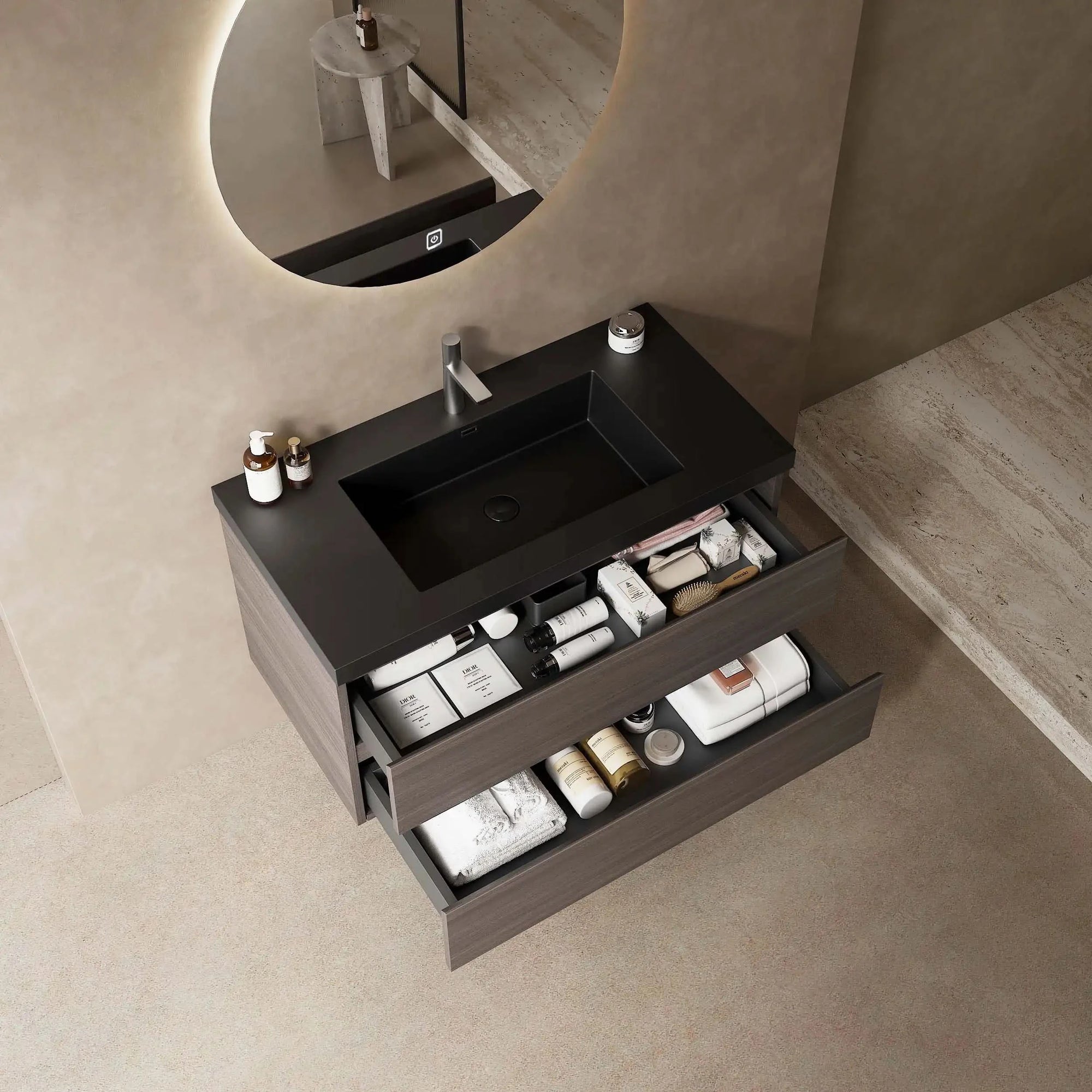 30&quot; x 20&quot; x 22&quot; Modern Wall-Mounted Bathroom Vanity with Sink &amp; Storage color: Black + Dark Walnut