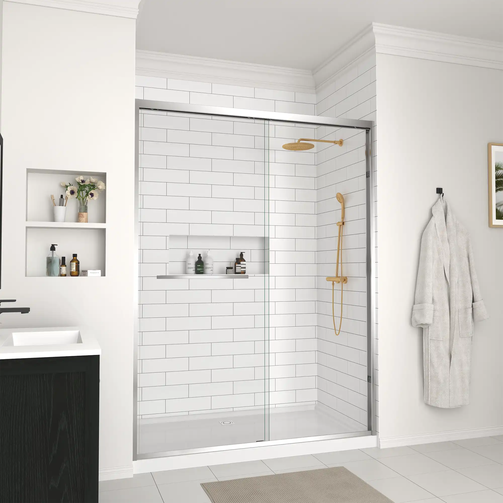 Bathroom view featuring a 60 x 70 framed glass shower door with gold fixtures | Ace Decor