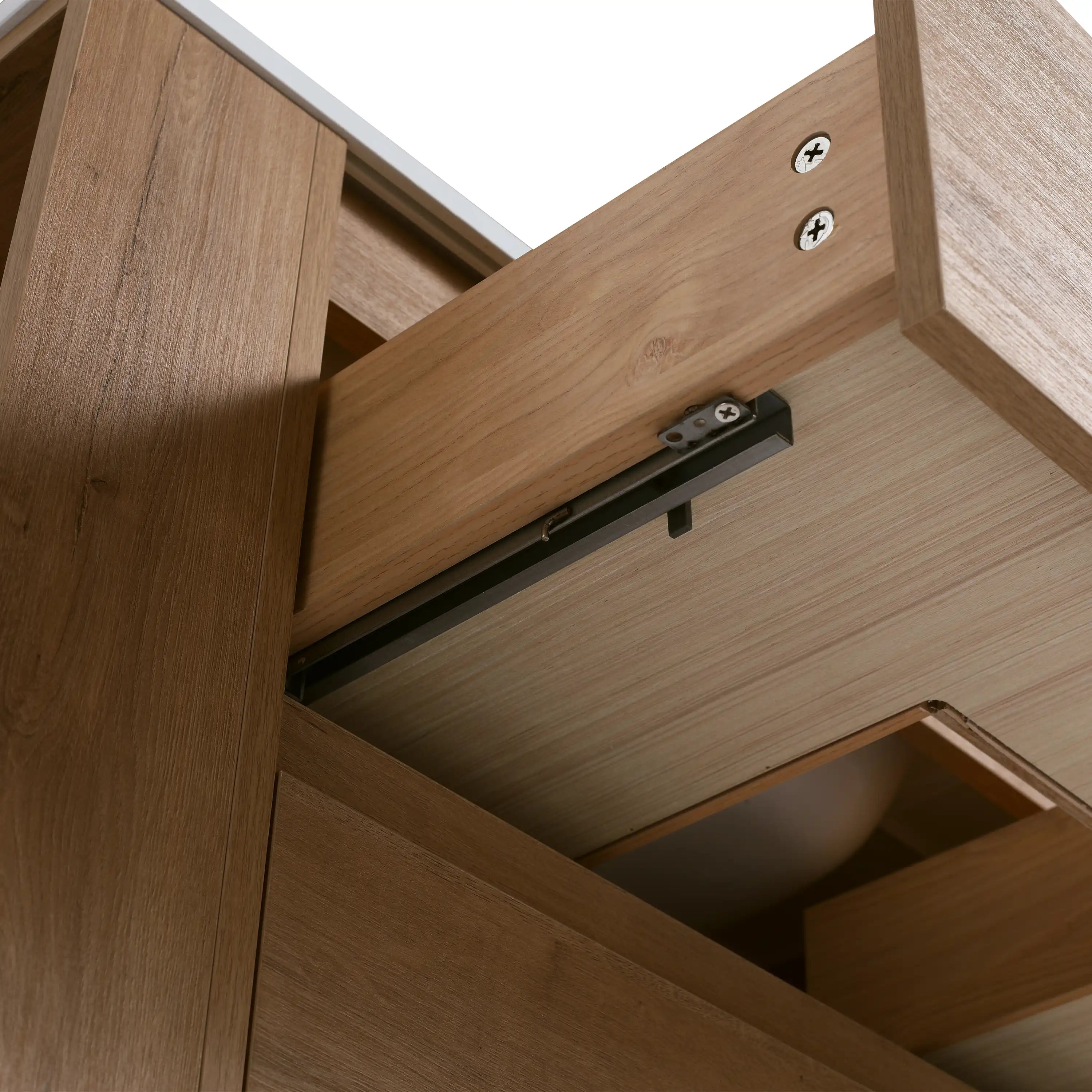 30" bathroom vanity showing smooth metal drawer slides and durable hardware construction.