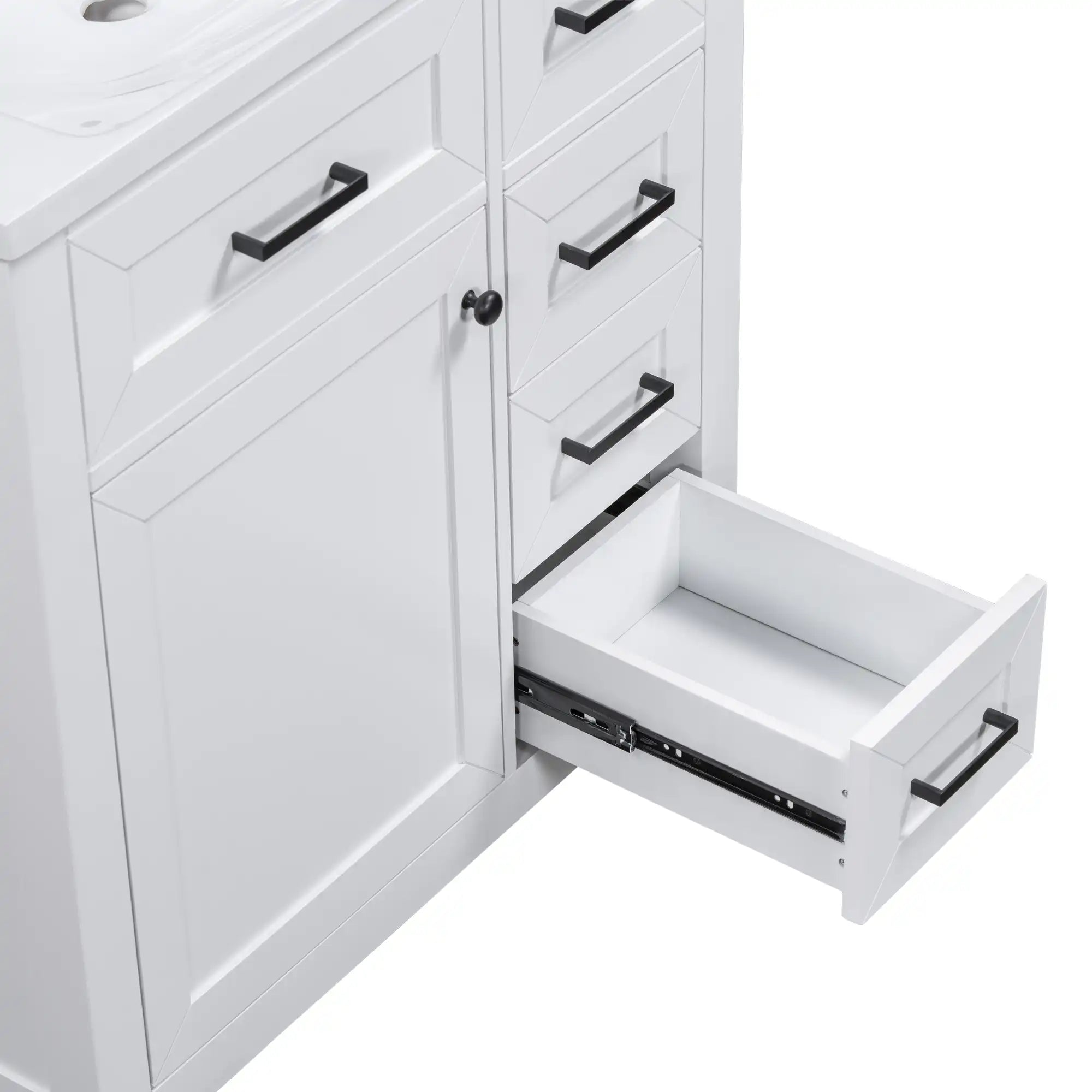 Elmsford white bathroom vanity with lower storage drawer pulled open.