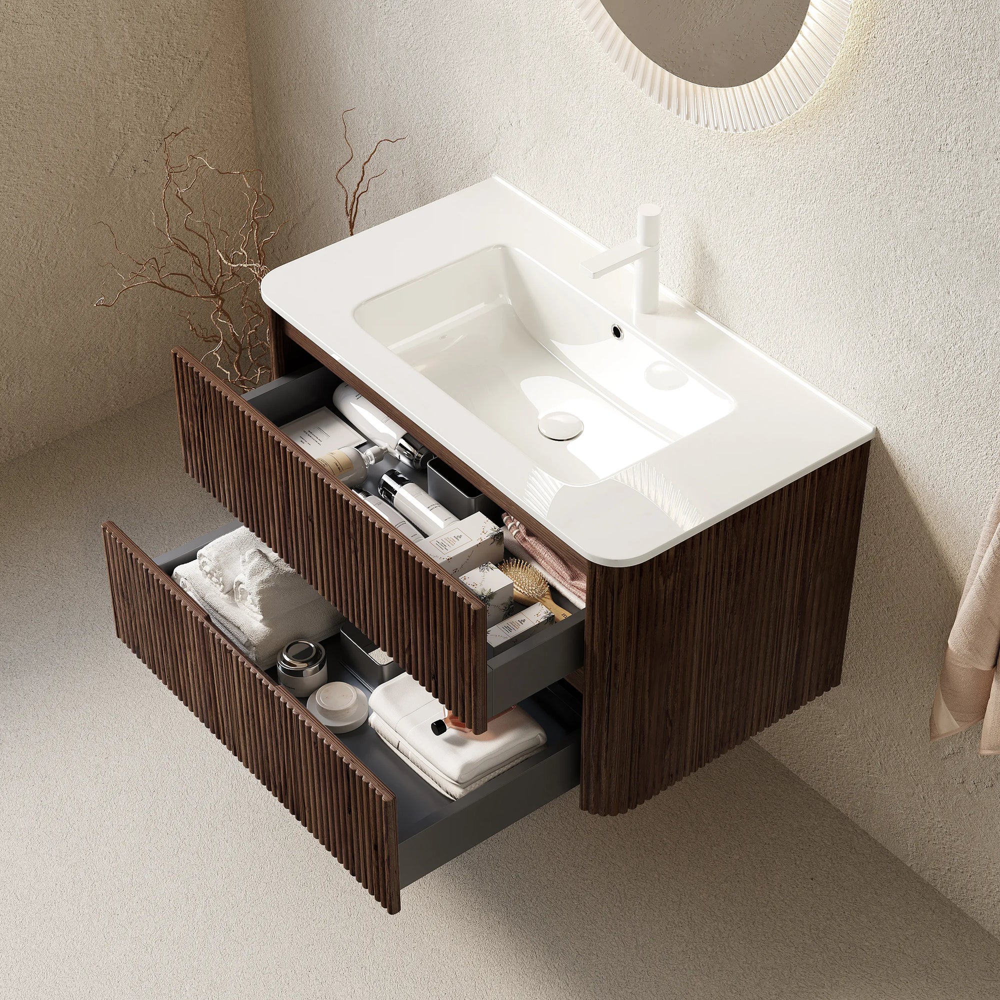 Ravello Series Walnut Floating Vanity with open drawers showing organized bathroom storage space.