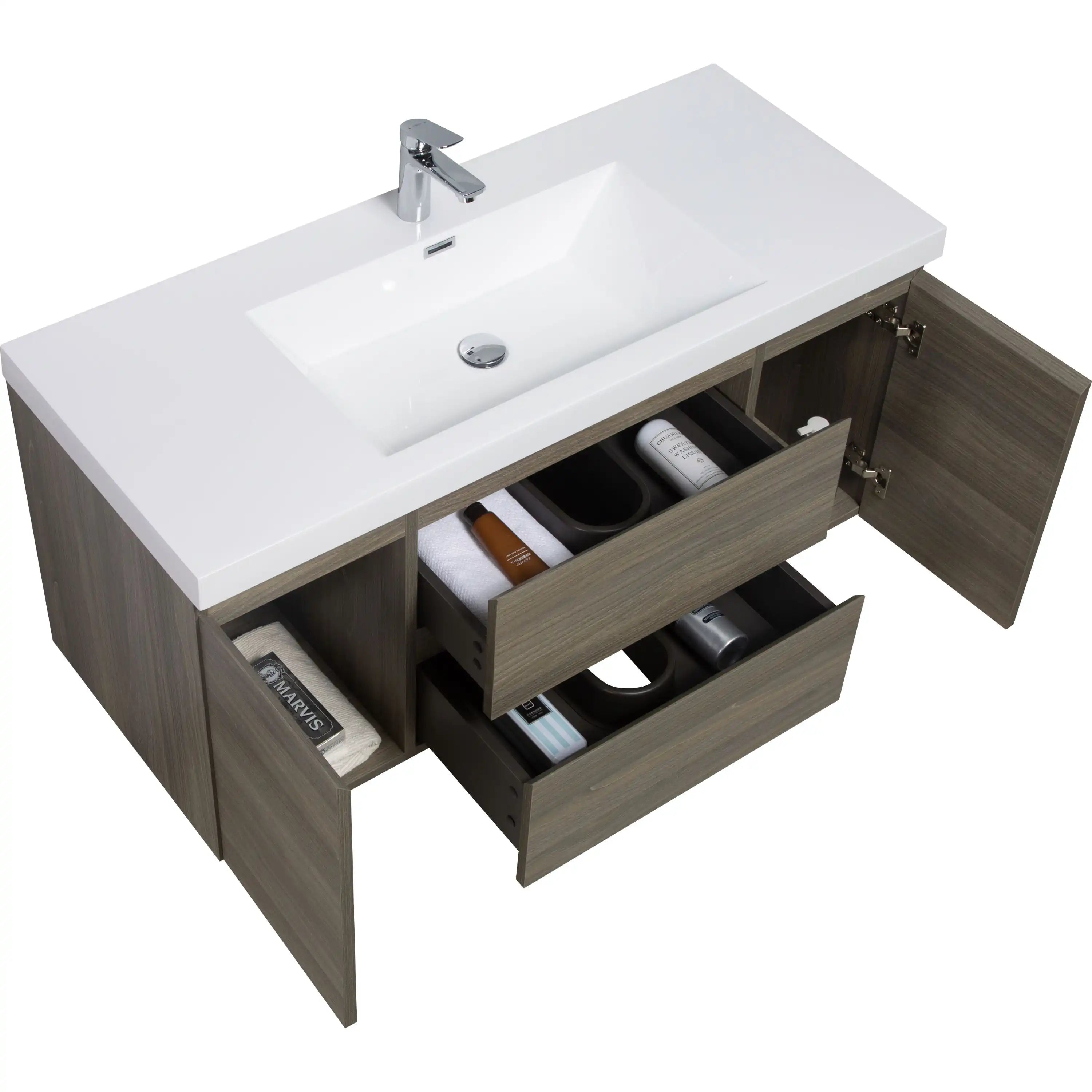 48 inch bathroom vanity featuring spacious drawers and side cabinets for organized storage.