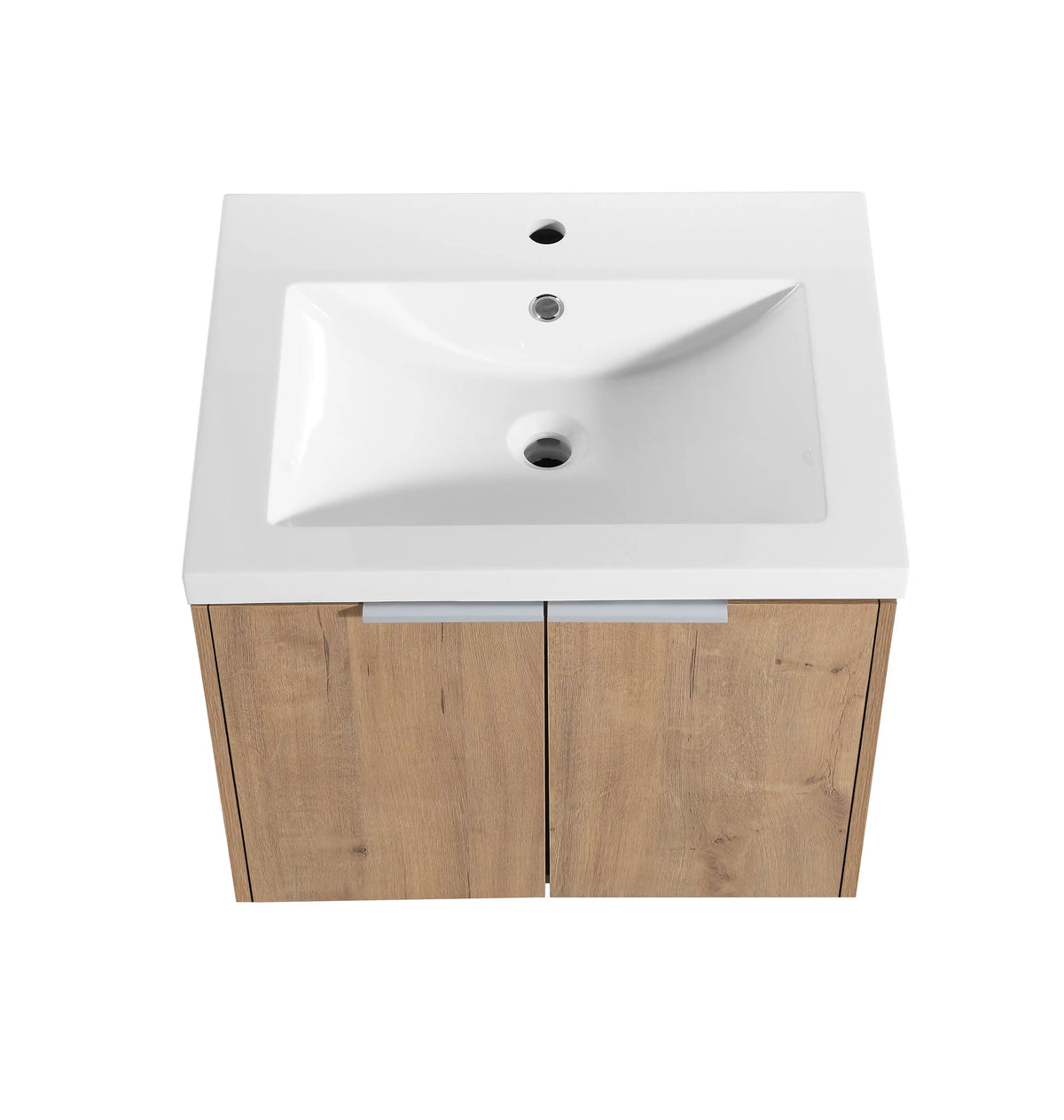 Top view of the 24 inch bathroom floating vanity with integrated resin sink and pre-drilled faucet hole.