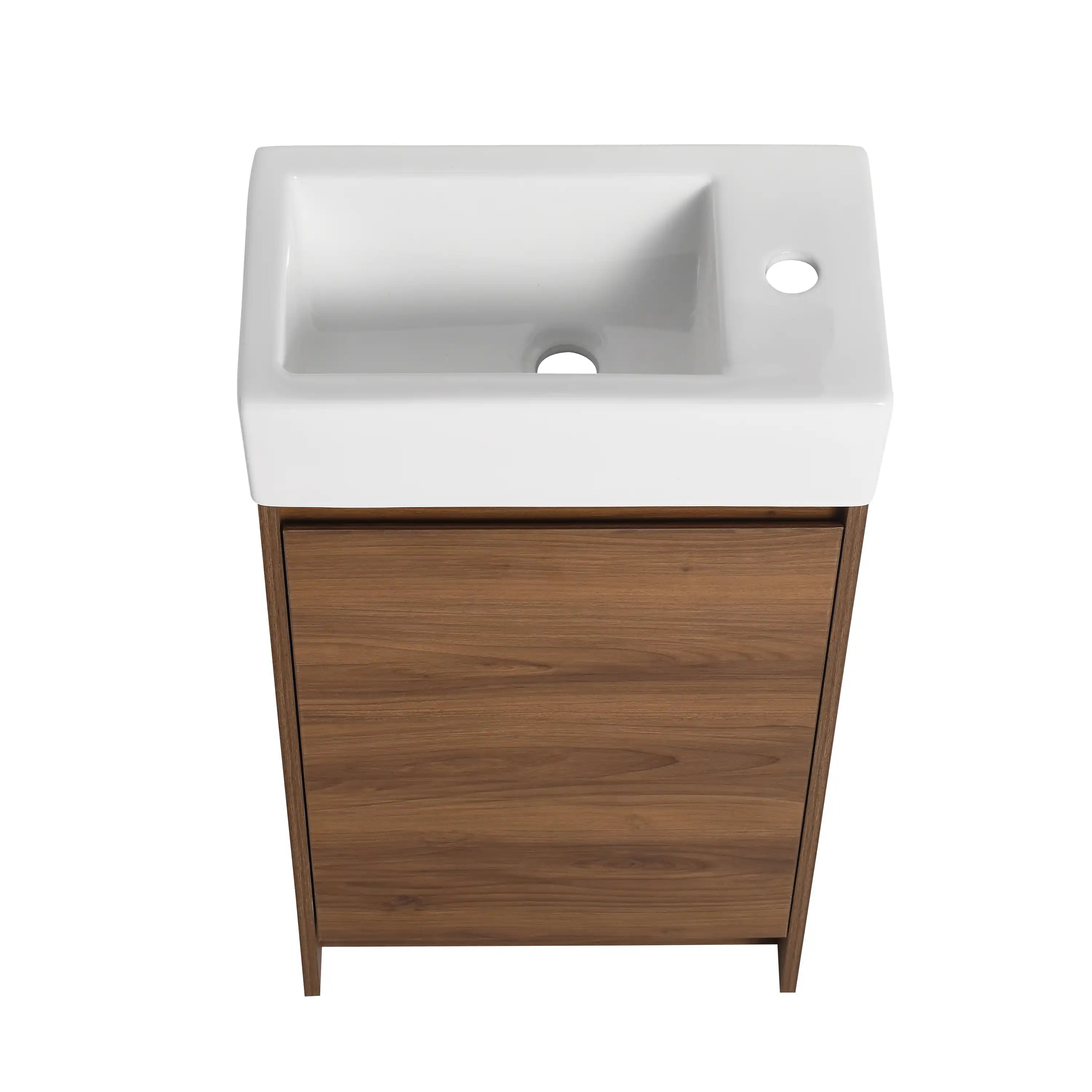 Elmora 18" bathroom vanity featuring seamless one-piece ceramic basin in walnut finish.
