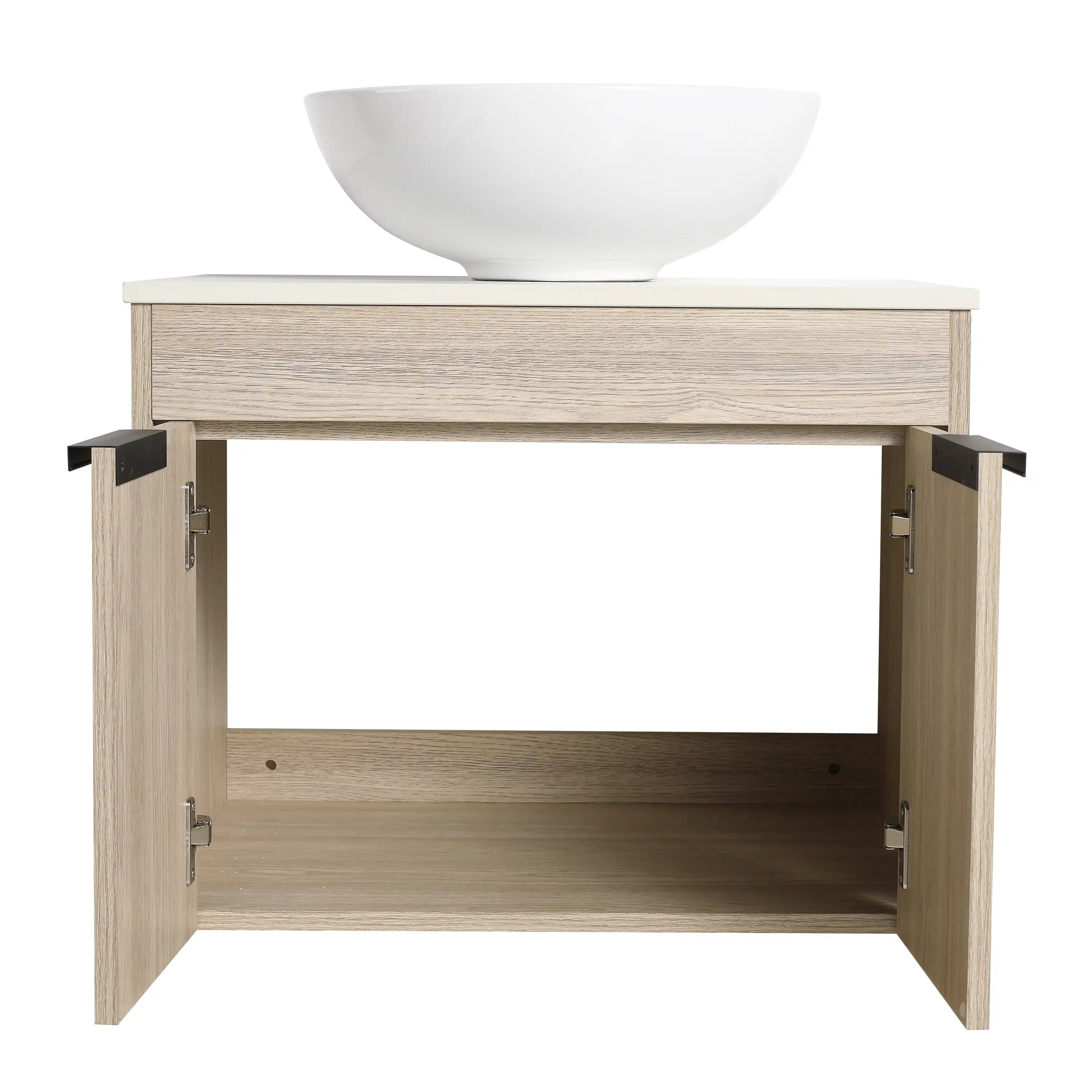 24" vessel sink vanity with dual door storage cabinet interior.
