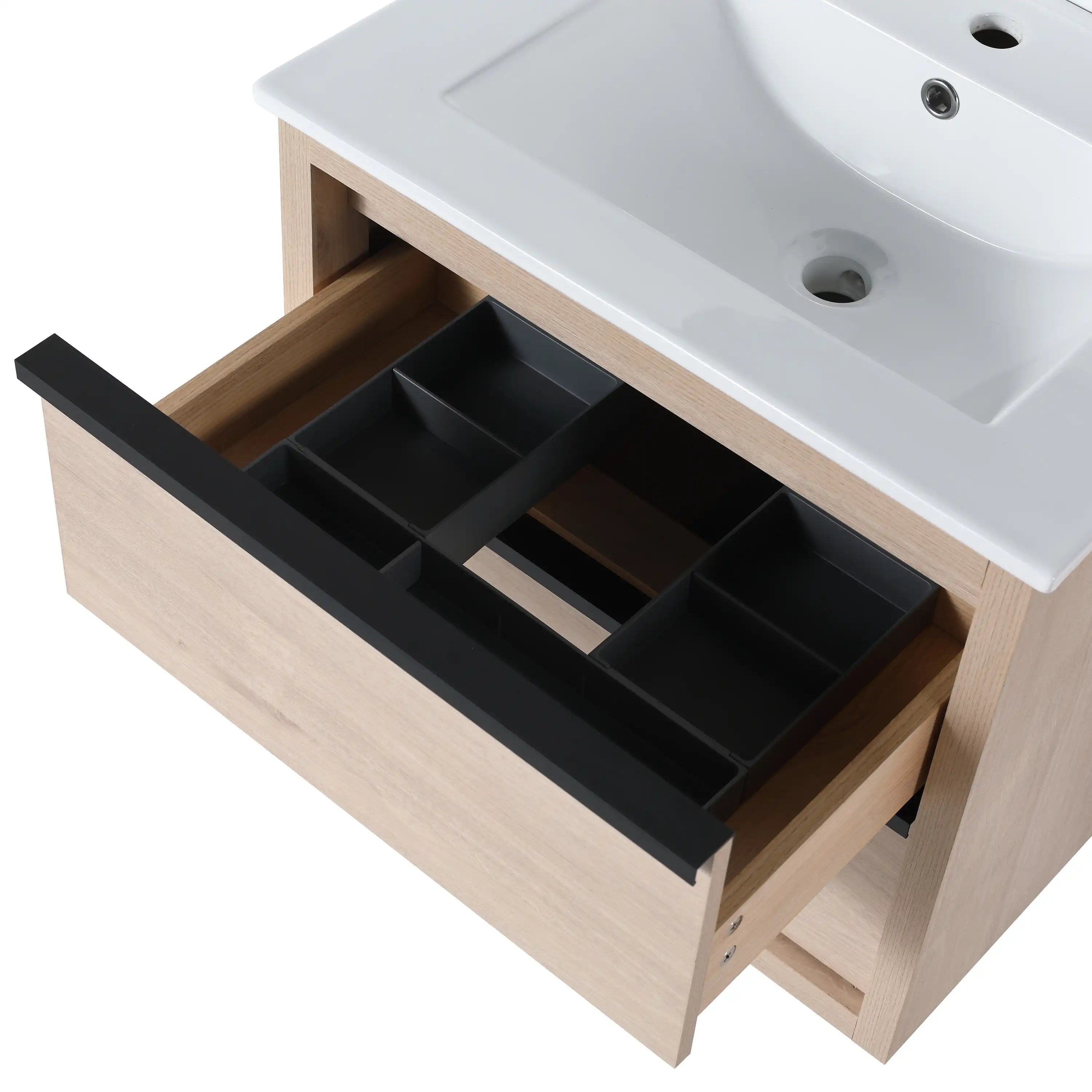 Soft close drawers and organizer for 24" bathroom wall mount vanity.