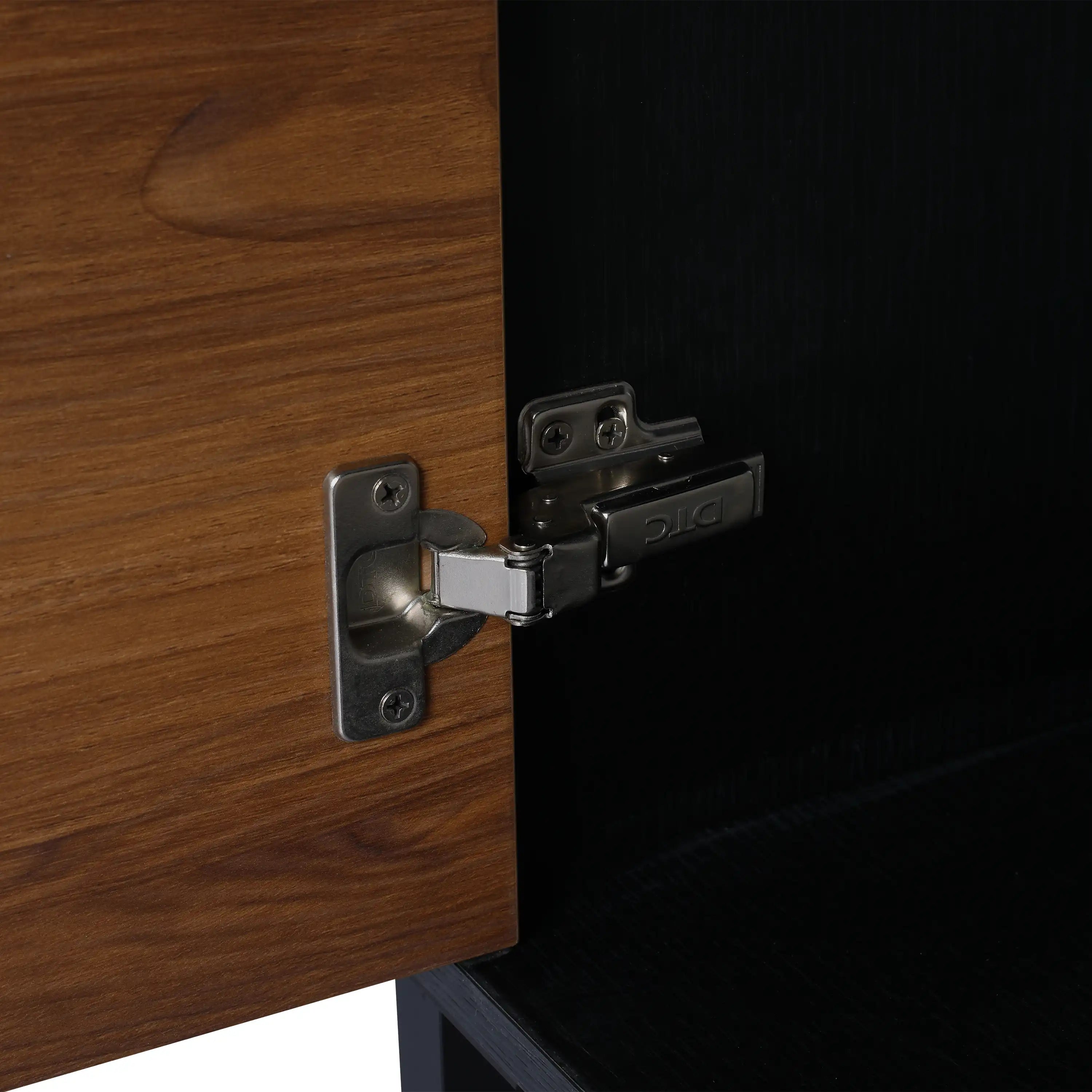 AlderCraft Series 30" ebony bathroom vanity with soft-close hinge hardware detail.