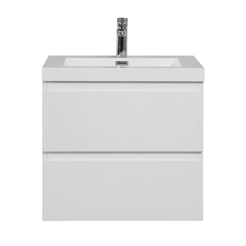 24-42 Inch Glossy White Bathroom Floating Vanity with Resin Sink and 2 Soft-Close Drawers