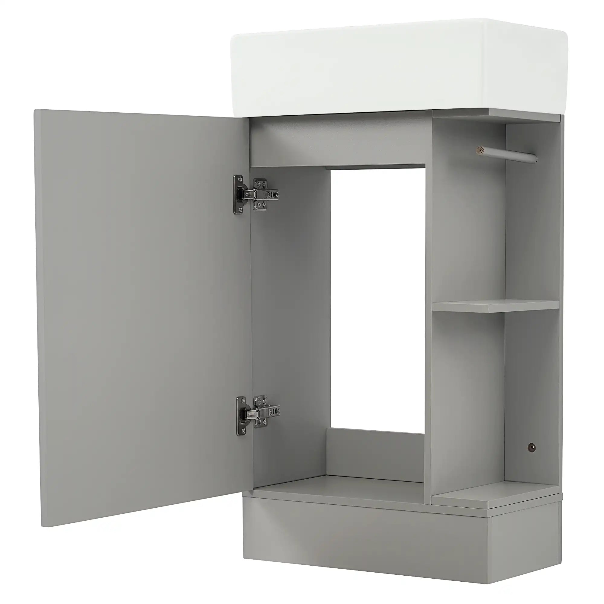 18 inch vanities for bathrooms with open cabinet storage, textured gray.