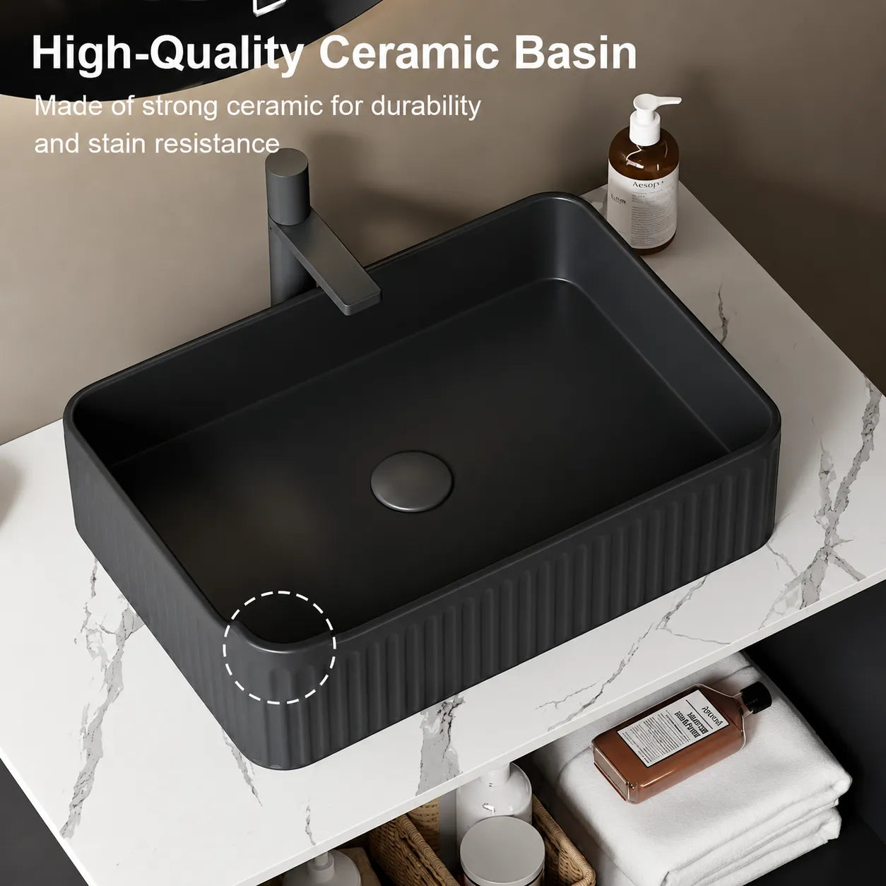 Black bathroom vanity 30 inch with black ceramic basin and marble white countertop.