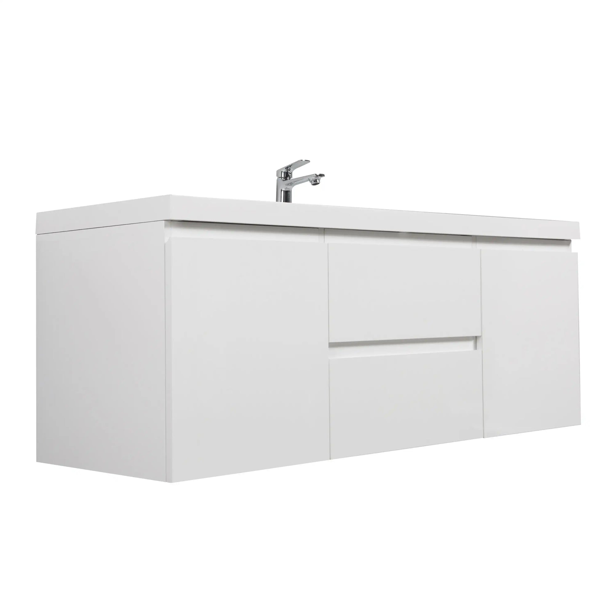 59 inch bathroom vanity with clean white finish, floating wall-mounted design, and modern minimalist profile | Ace Decor