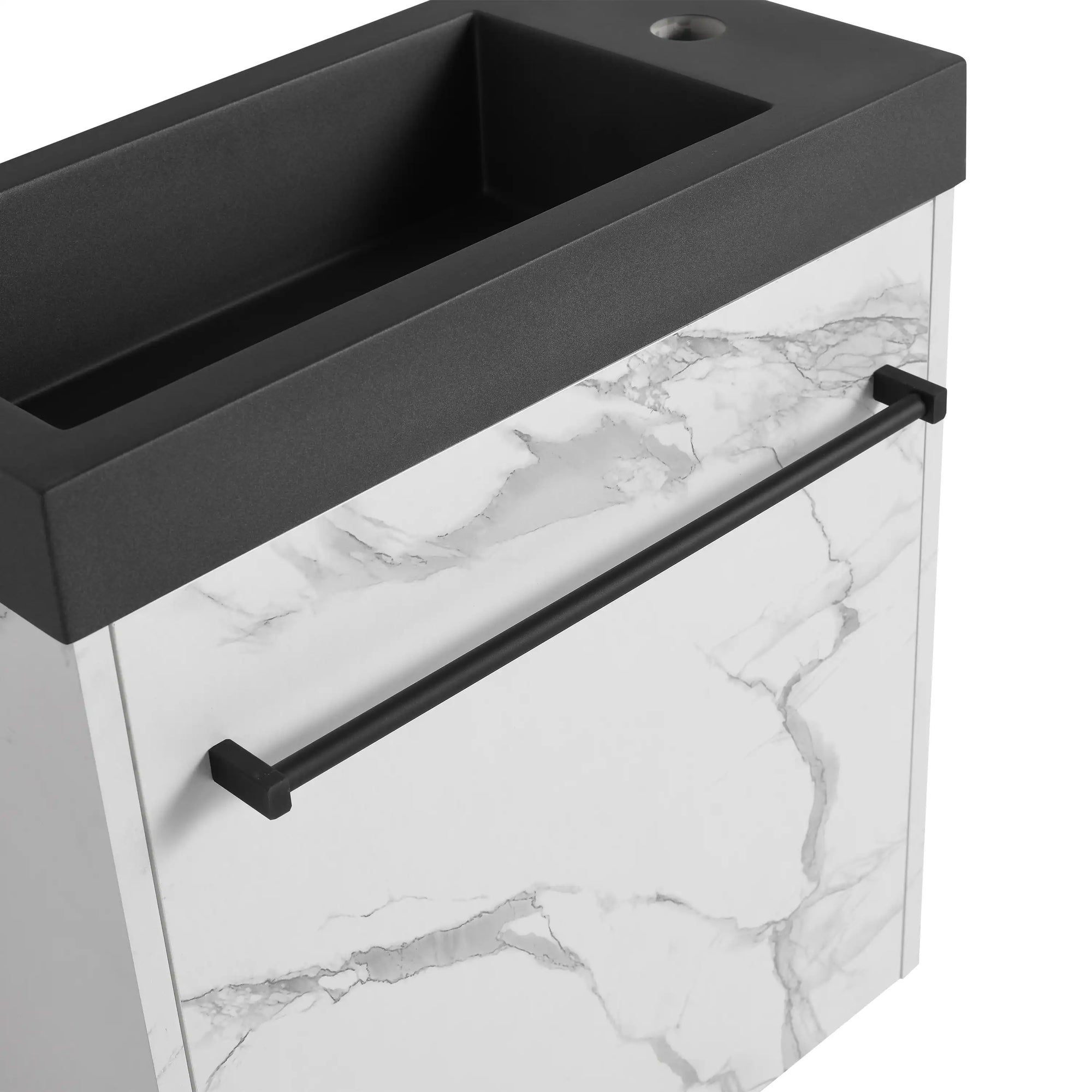 Matte black bar handle detail on ArborEdge marble contrast floating bathroom vanity.