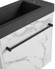 Matte black bar handle detail on ArborEdge marble contrast floating bathroom vanity.