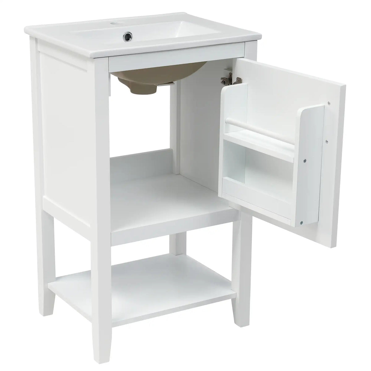 20-inch white bathroom freestanding vanity with door open showing built-in storage rack.