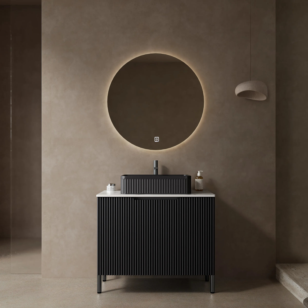 Flutia Series black bathroom vanity 30 inches styled in a modern bathroom setting.