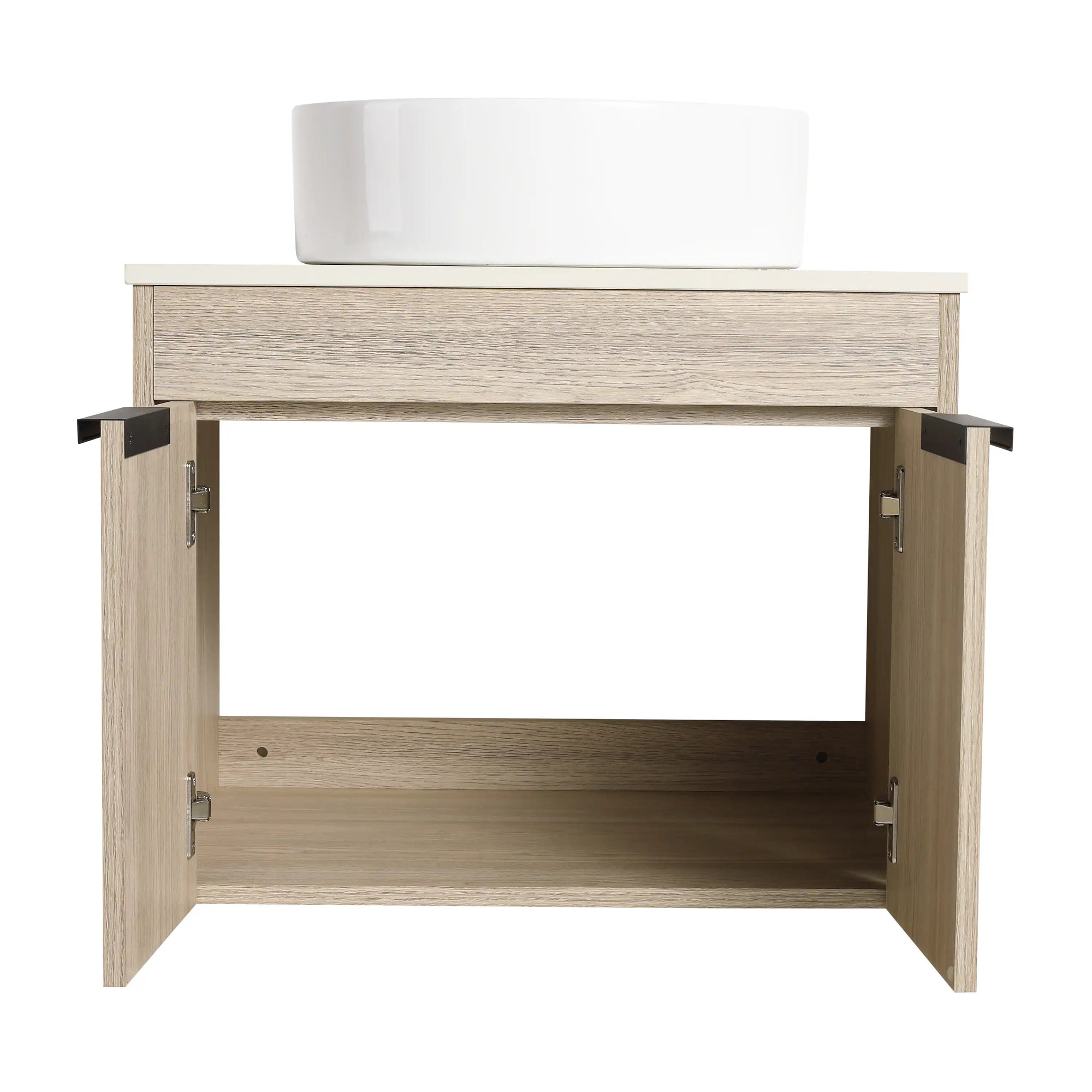 Open cabinet interior of 24 inch bathroom vanity with vessel sink 24" wall-mounted storage | Ace Decor