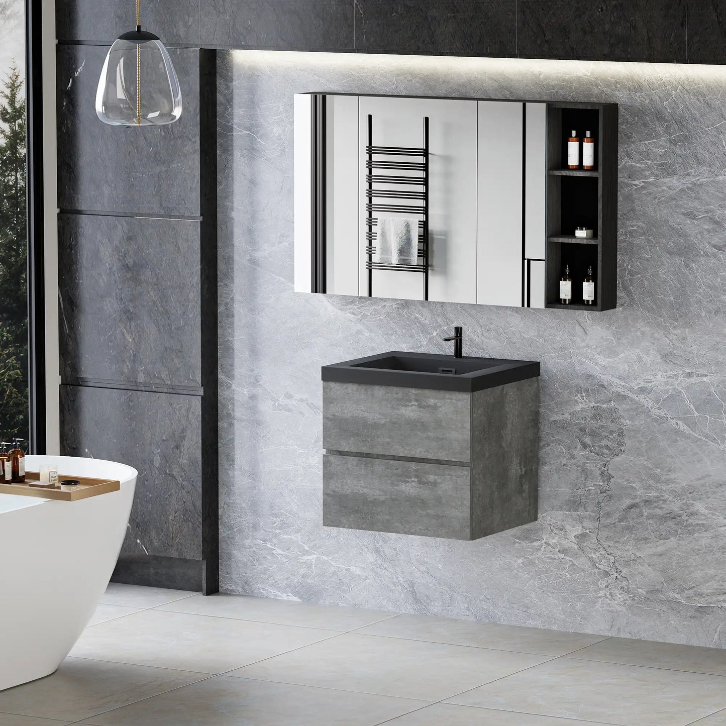 Floating Bathroom Vanity with Quartz Sand Basin and Soft Close Drawers color: Grey