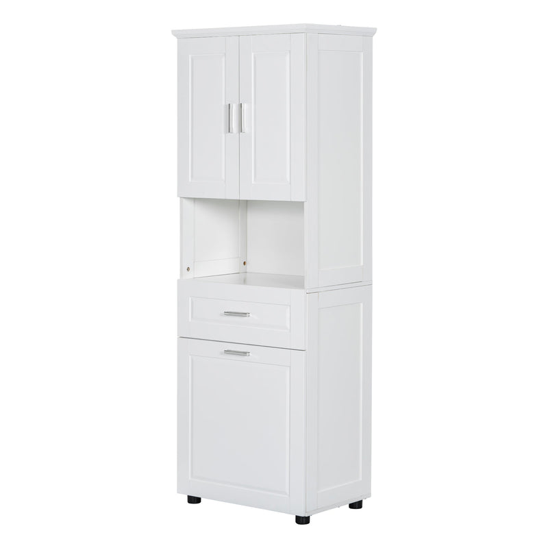 69.92” White Tall Bathroom Linen Cabinet with Open Shelves, Drawers & Laundry Basket