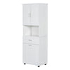 69.92” White Tall Bathroom Linen Cabinet with Open Shelves, Drawers & Laundry Basket