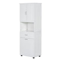 69.92” White Tall Bathroom Linen Cabinet with Open Shelves, Drawers & Laundry Basket