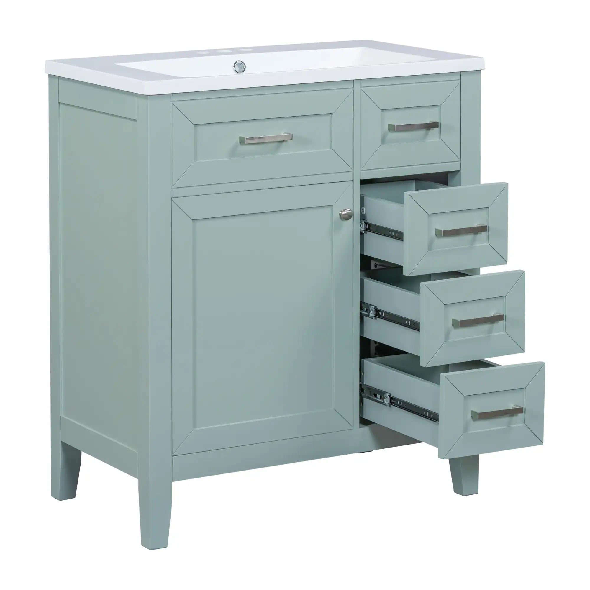 30 inch green bathroom vanity with sink and three drawers open | Ace Decor