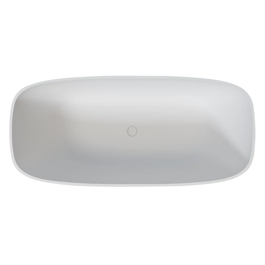 Top view showing spacious interior and centered drain in 67" white solid surface bathtub.