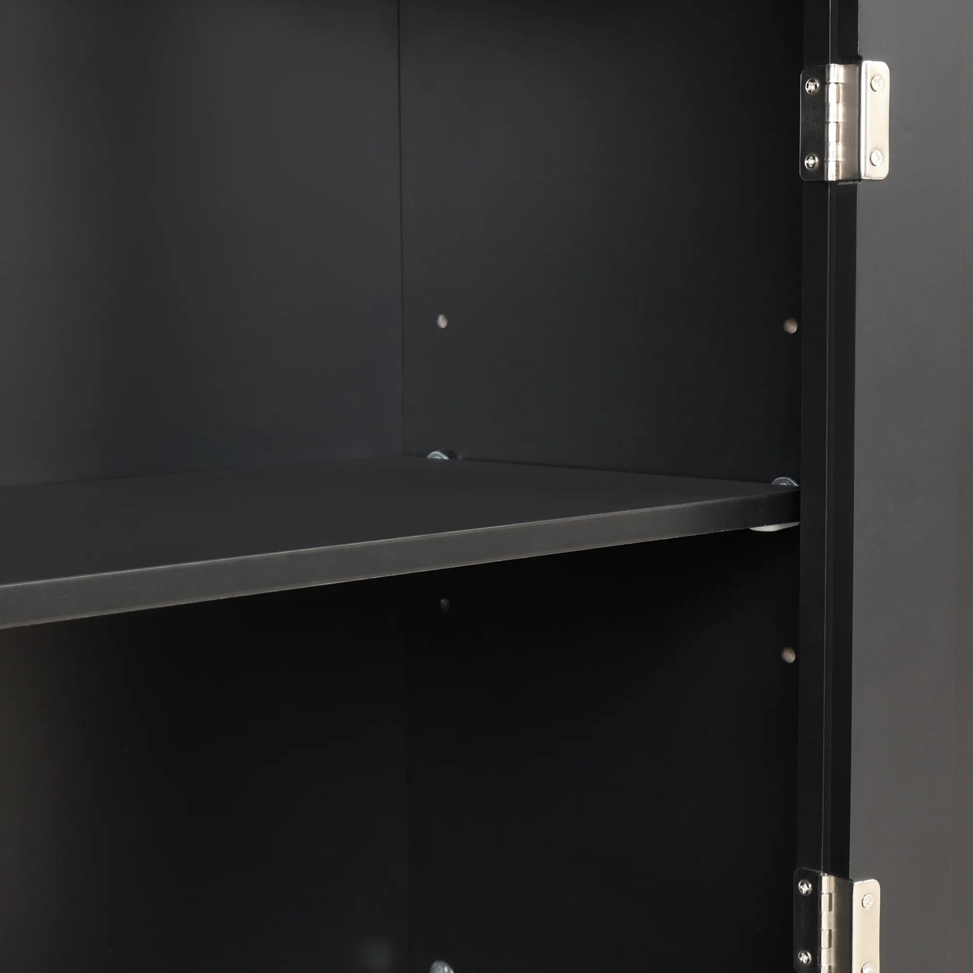 Close up of the adjustable shelves on the Norrin 67.3 inch black cabinet.