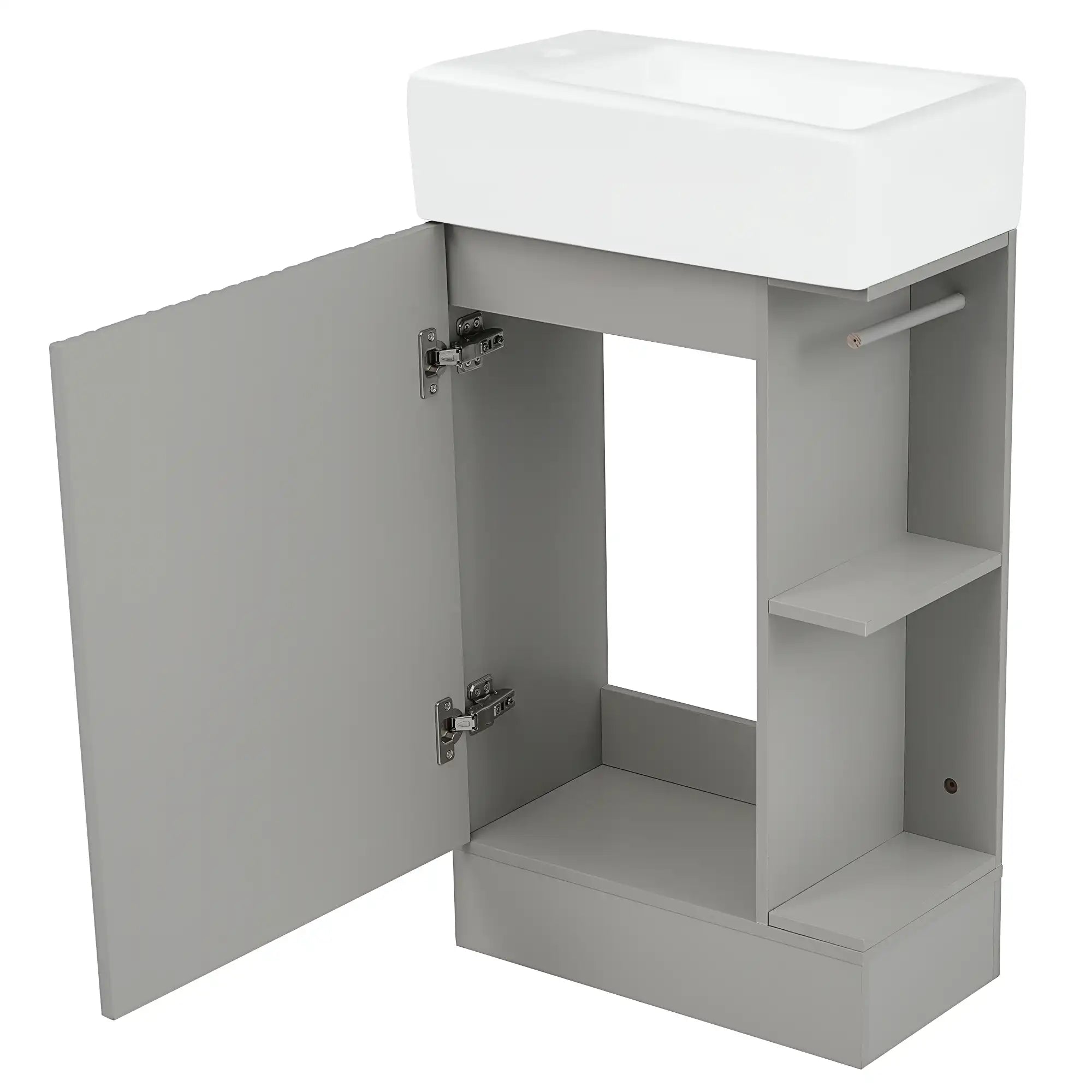 18 inch vanities for bathrooms with open cabinet and side shelf, textured gray | Ace Decor