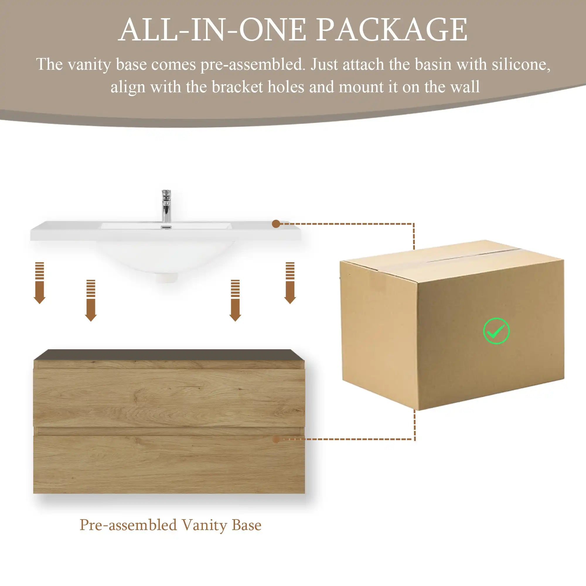 Oakmere Series 42" Natural Oak Bathroom Floating Vanity with Resin Sink &amp; 2 Soft-Close Drawers