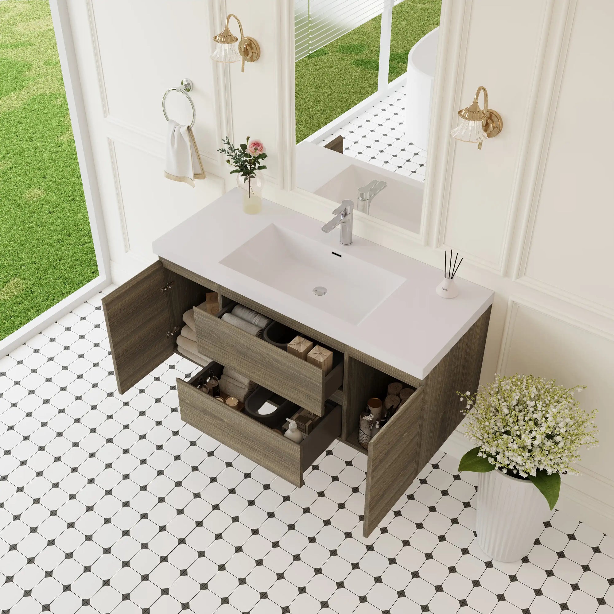 48 inch bathroom vanity with spacious drawers and cabinet storage, open layout showing interior organization | Ace Decor