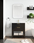 30" black vanity bathroom front view with white sink and compact freestanding layout | Ace Decor