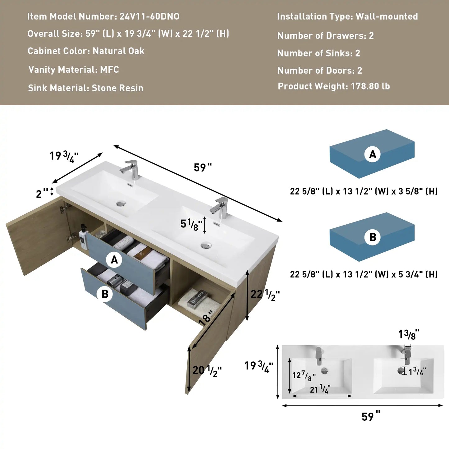 Modern Floating Bathroom Vanity with Resin Top Basin & Soft Close Drawers - Wall-Mounted Storage Cabinet color: Oak