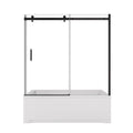 Matte black sliding bathtub door, frameless style, 60 x 58 with tempered glass panels.