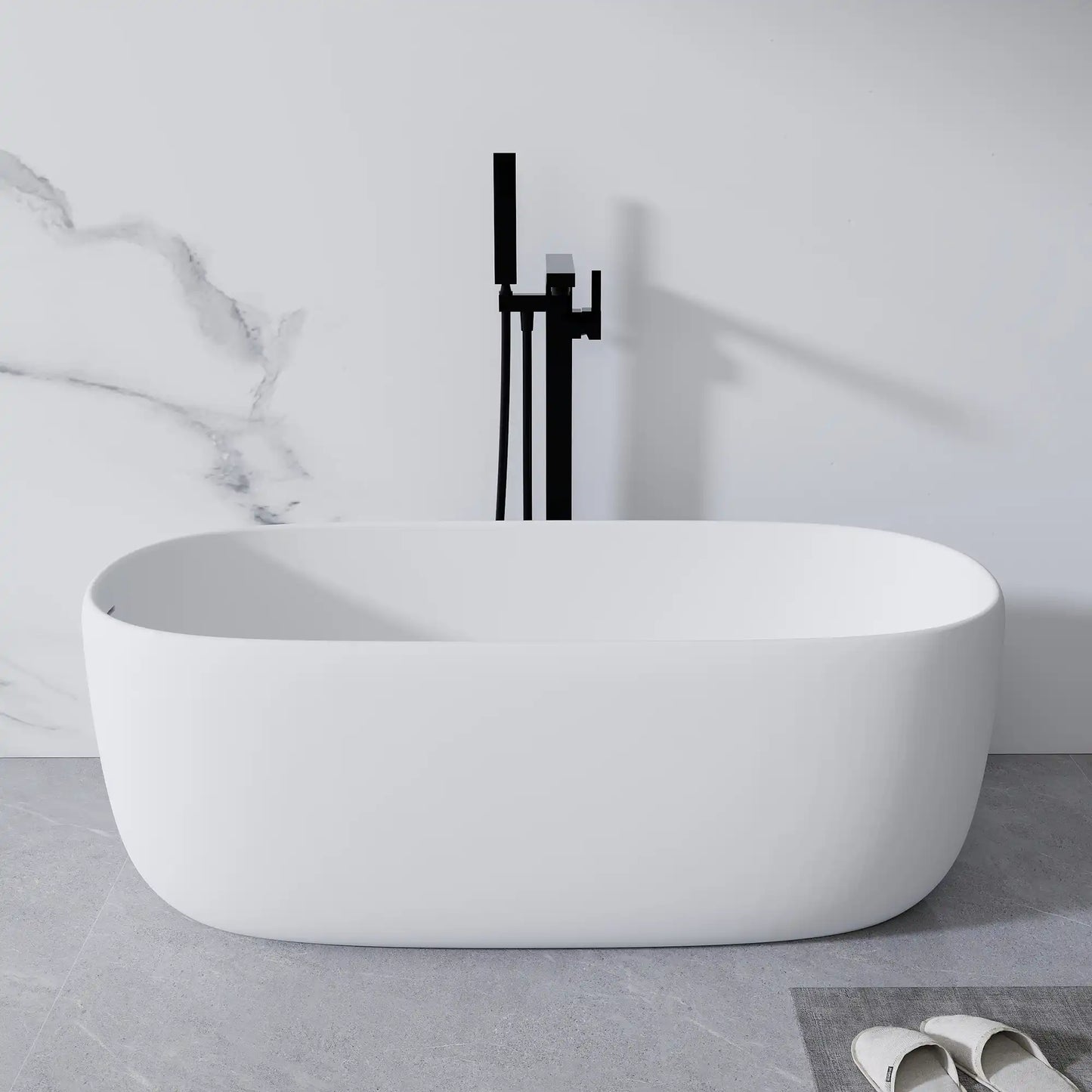 51" Seamless Resin Stone Freestanding Soaking Tub – White, with Overflow & Pop-Up Drain color: Matte White