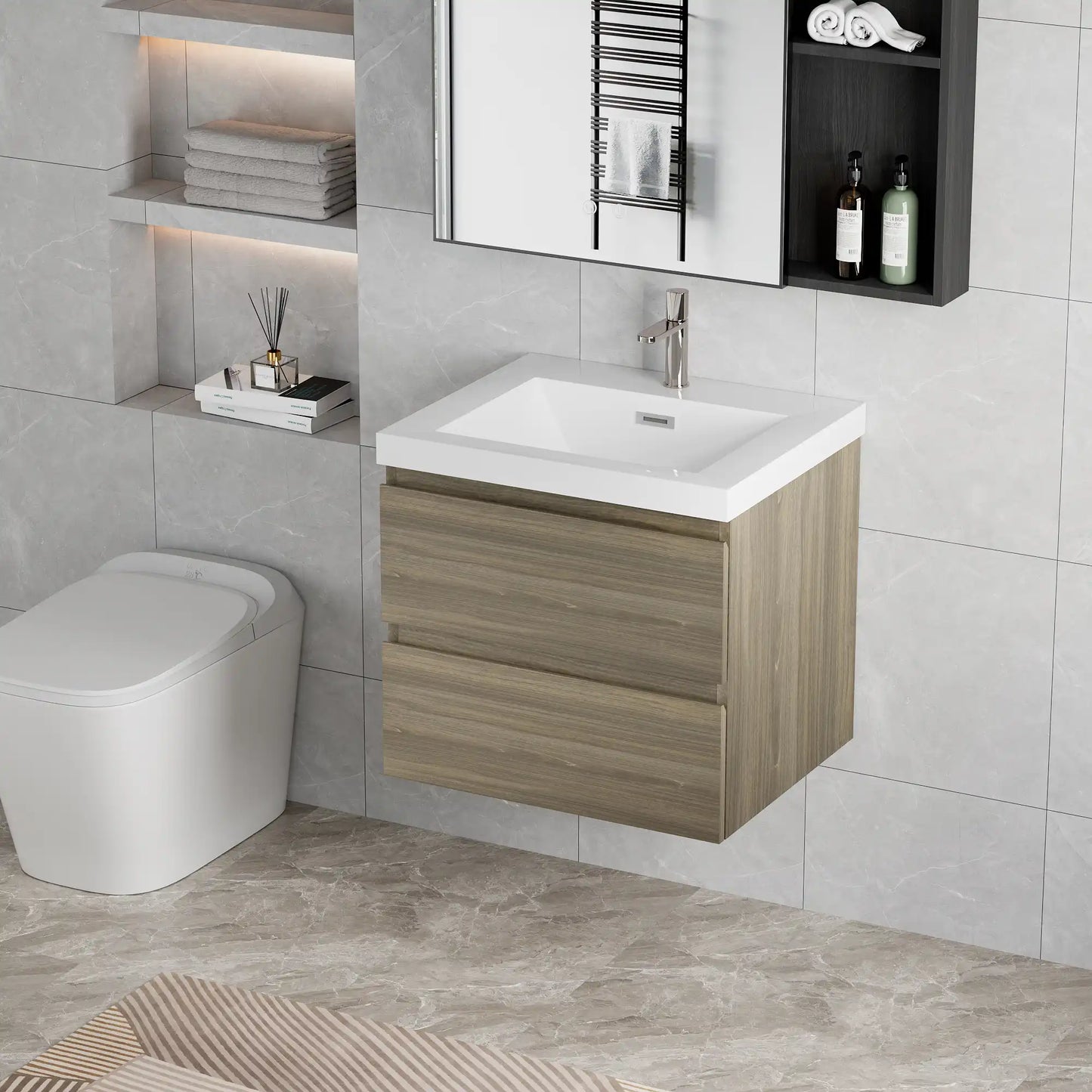 Floating Bathroom Vanity with Resin Top Basin & Soft Close Drawers - Modern Wall-Mounted Storage Cabinet color: Ash Grey