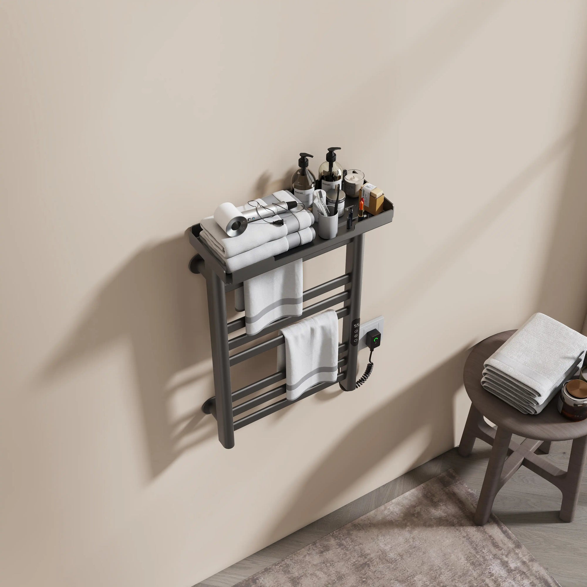 Wall-mounted 18 x 27 gray hot towel warmer with top shelf for towels and toiletries | Ace Decor
