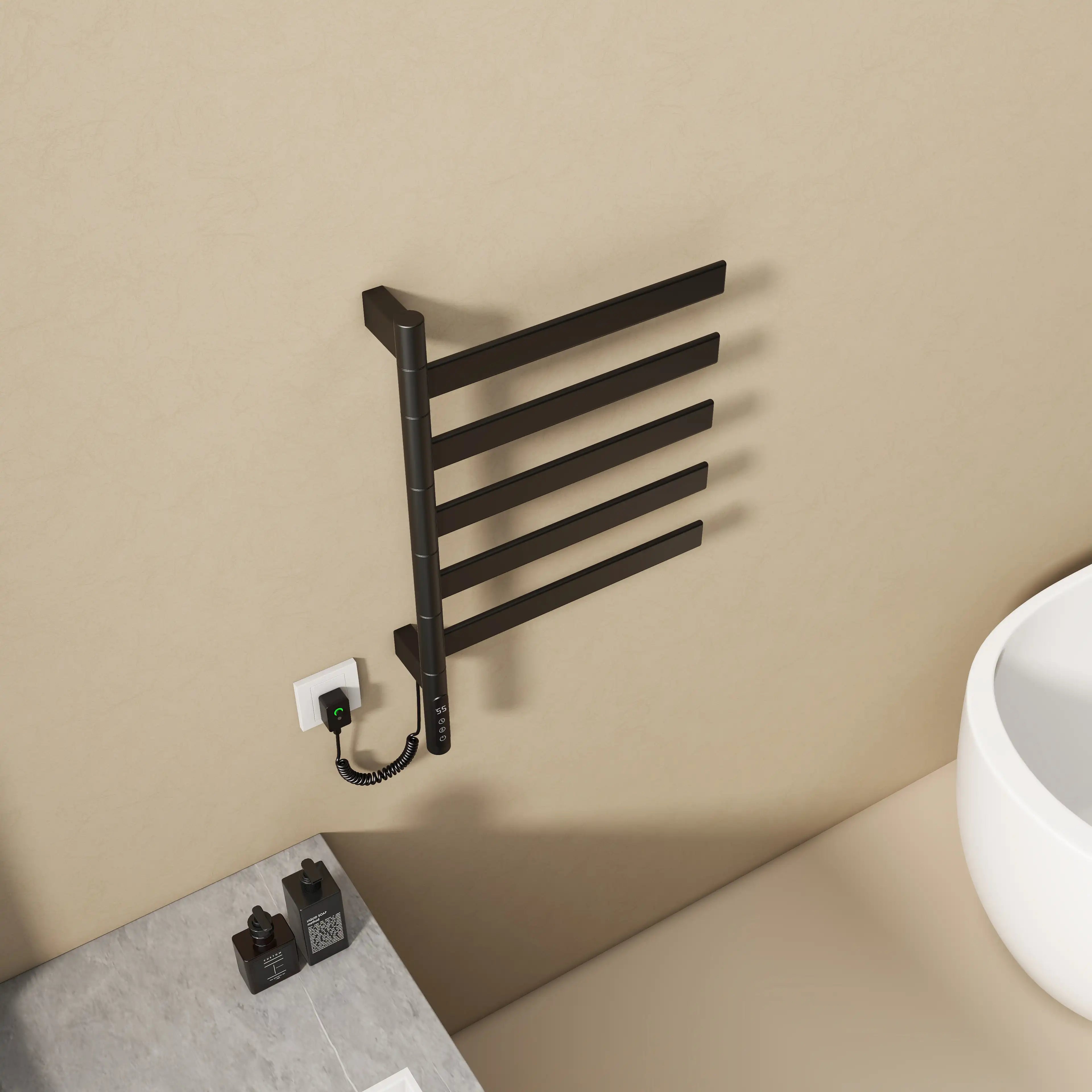 Velin Series 18 x 27 black electric towel warmer for bathroom top view showing modern wall-mounted design | Ace Decor