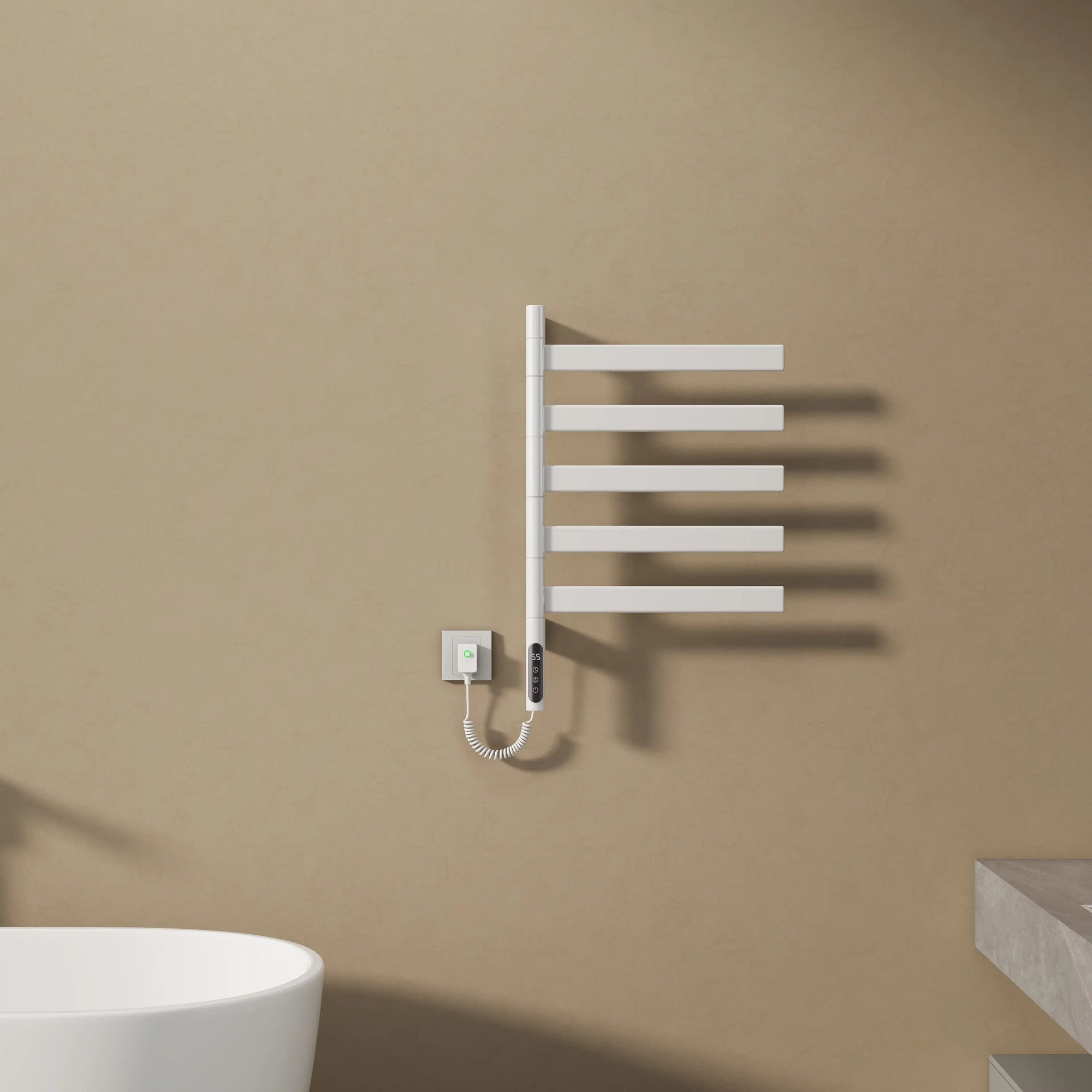 Modern white heated towel rail radiator with six flat bars in minimalist bathroom | Ace Decor