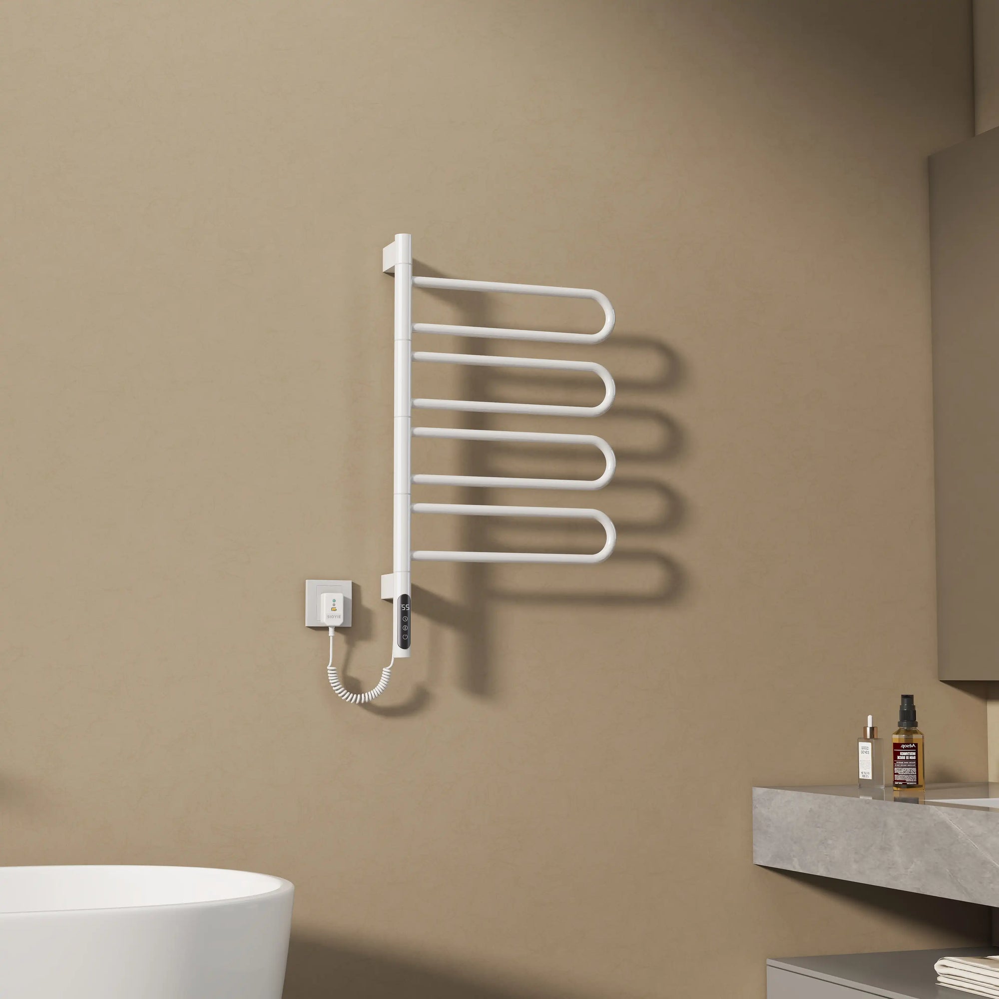 Side view of 17 x 31 electric towel bar warmer featuring 4 curved arms and minimalist wall mount | Ace Decor