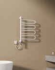 Side view of 17 x 31 electric towel bar warmer featuring 4 curved arms and minimalist wall mount | Ace Decor
