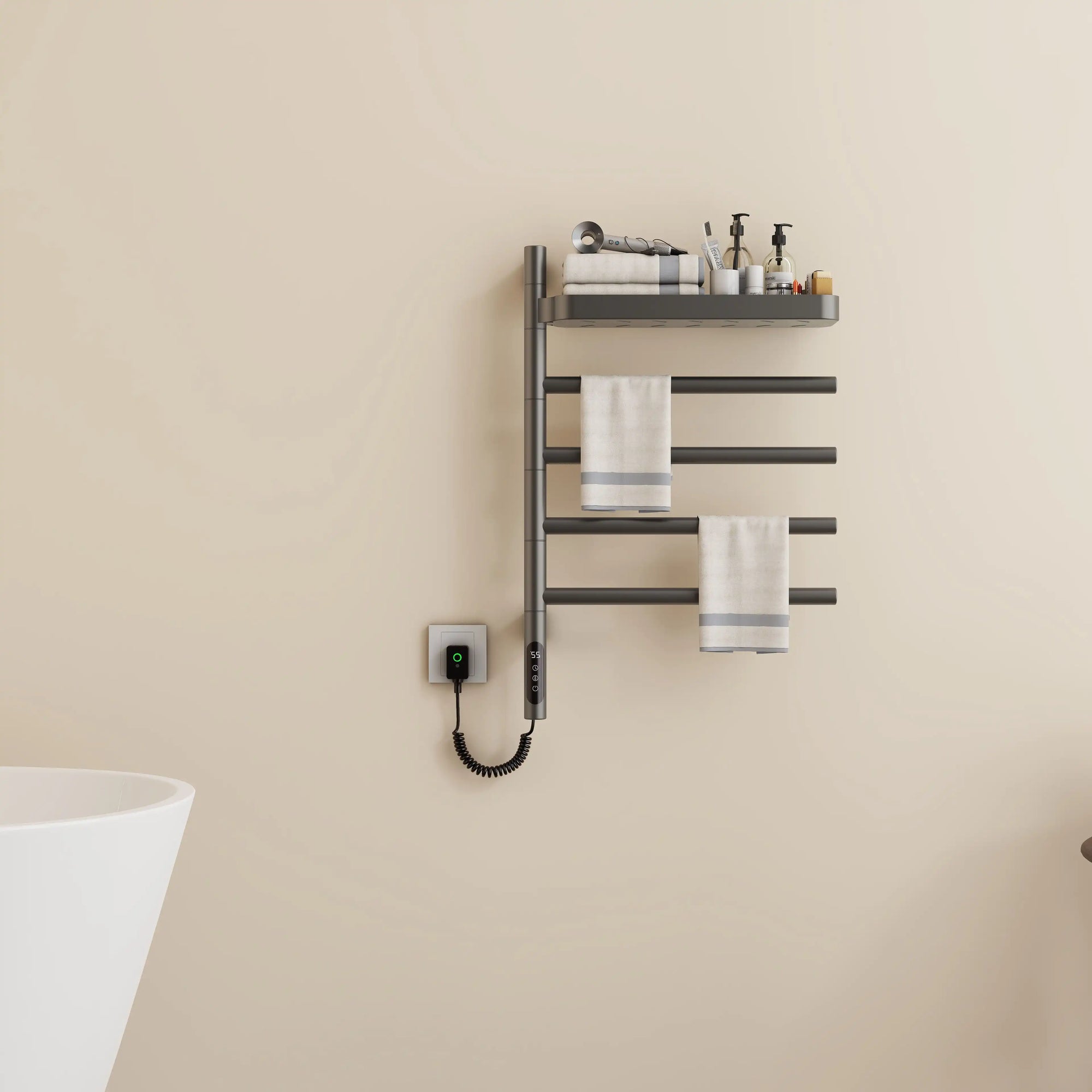 gray 18 x 27 heated towel rack with shelf and dual towel bars for modern home use | Ace Decor