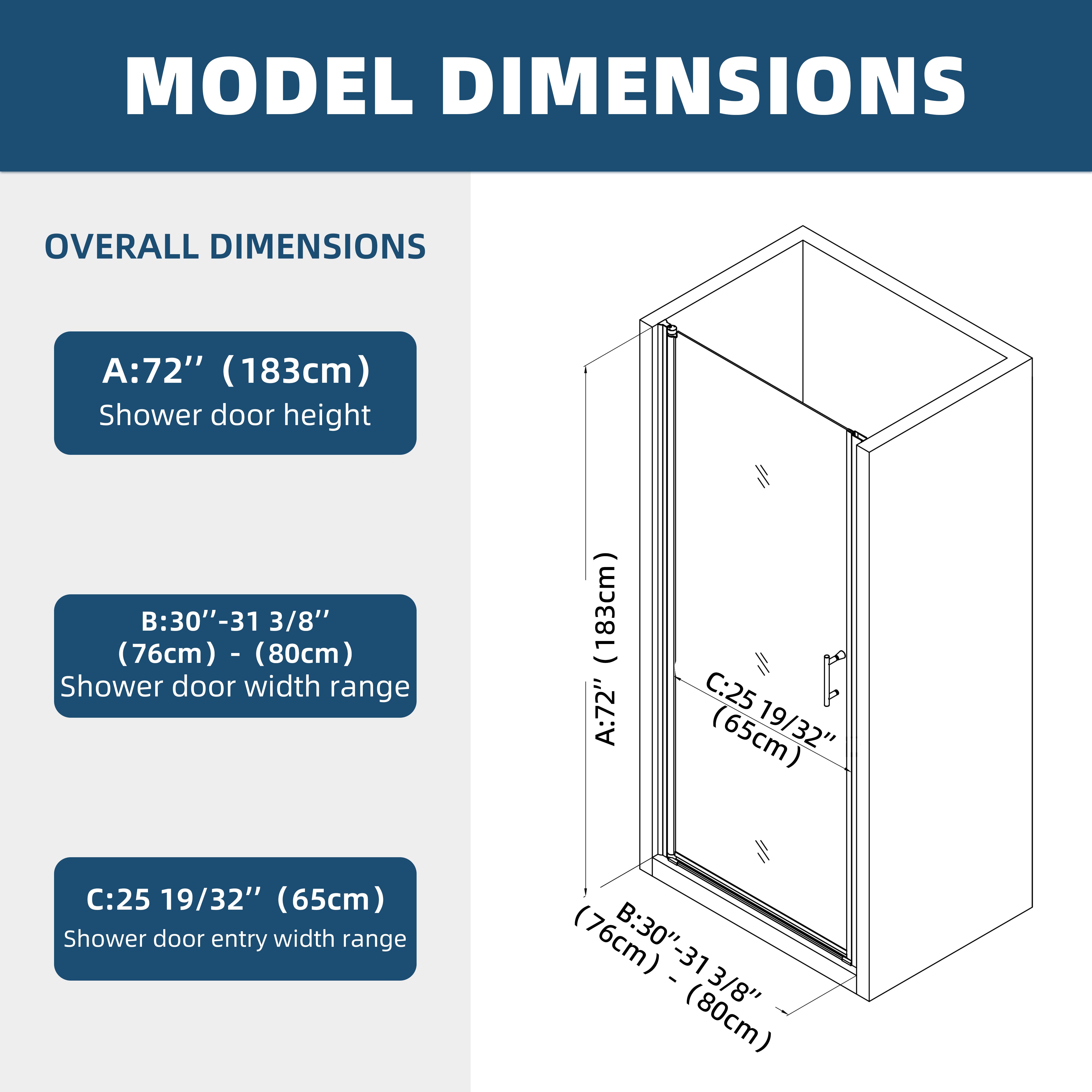 24/28/30/32/34/36*72 Pivot Shower Door Matte Black Chrome Frameless