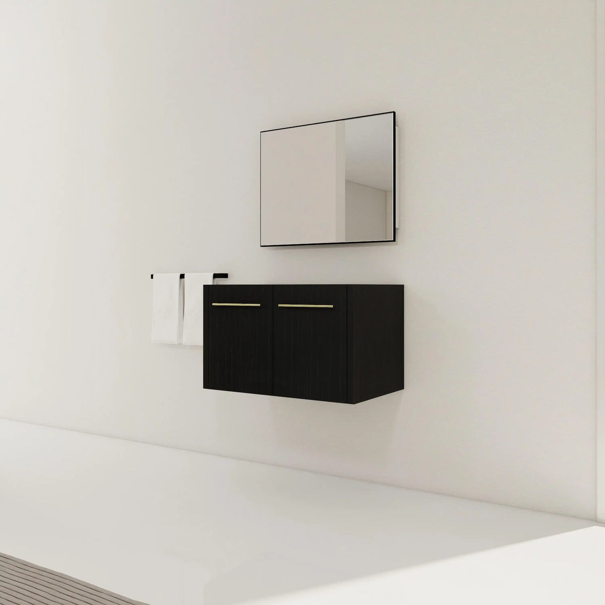 Noirline 30" floating vanity without sink angled view in a minimalist bathroom setup.