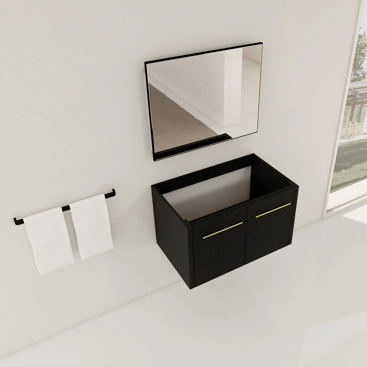 30" vanity base without sink wall-mounted bathroom setup with framed mirror.