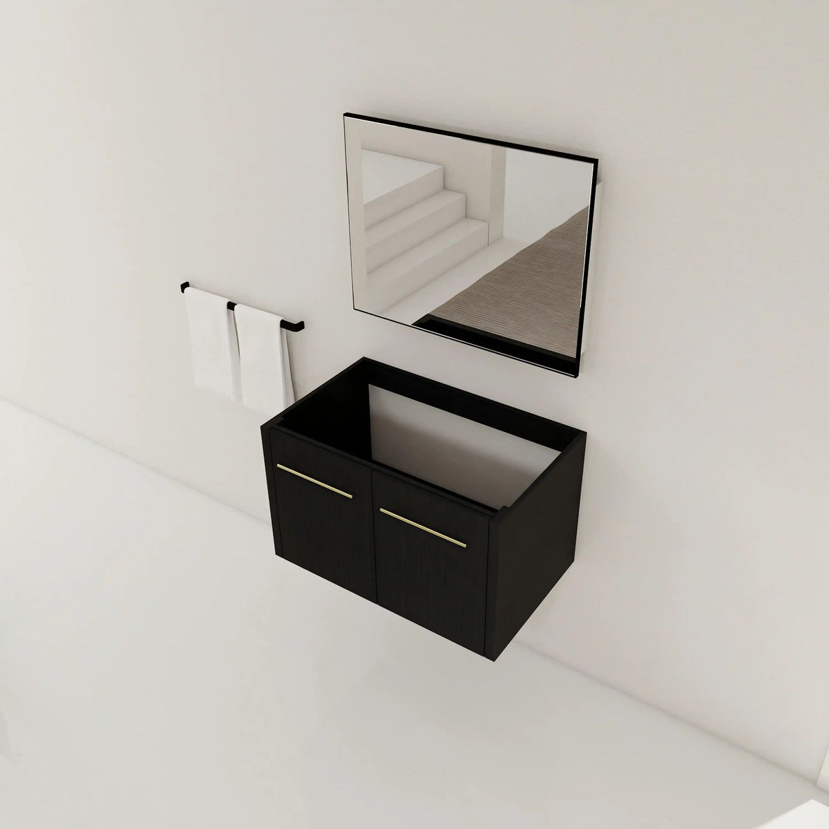 30" floating vanity without sink wall-mounted bathroom setup with mirror and towel rack.