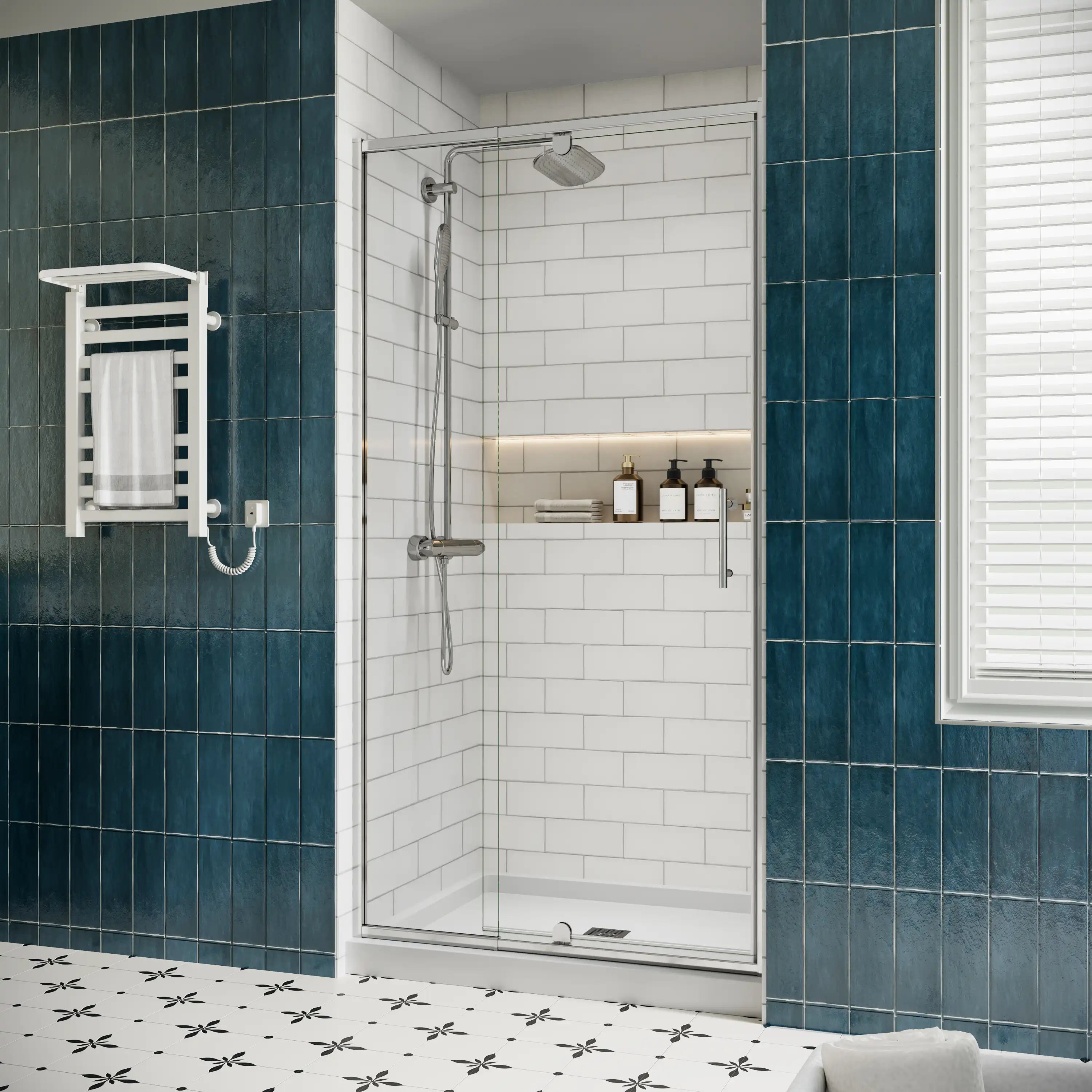 Side view of framed 32 inch shower door with pivot hinge, size 32 x 72 | Ace Decor