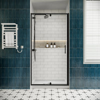 Front view of framed watertight shower enclosures, model size 32 x 72 with black frame and glass door.